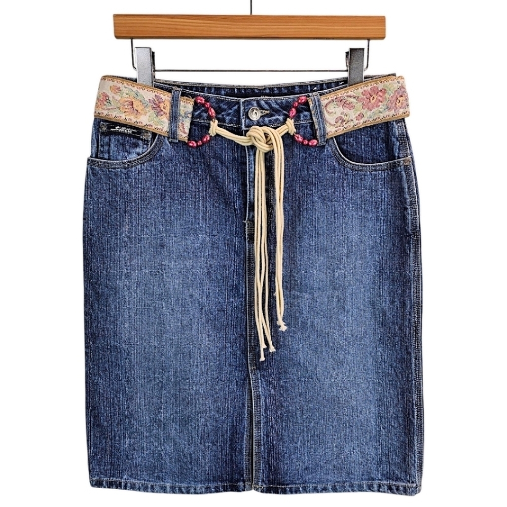 Vintage 90s Squeeze Stephen Hardy Boho Floral Belted Denim Skirt 10 Y2K Western